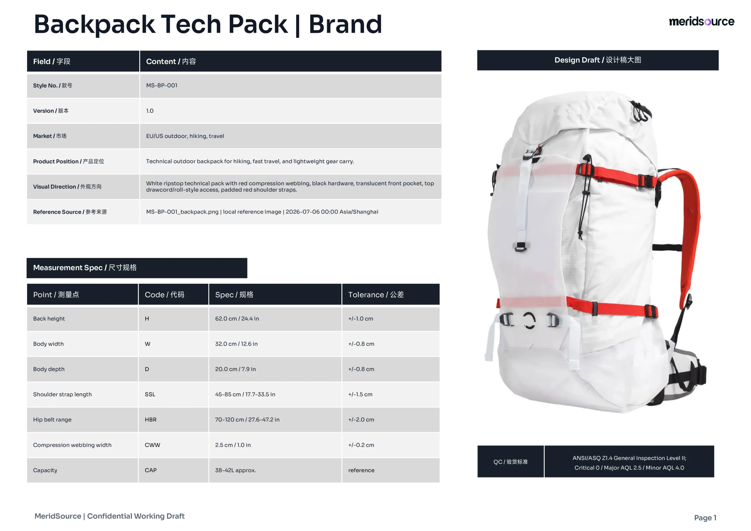 Backpack brand Tech Pack with product specifications and design draft